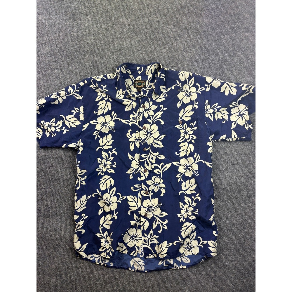 Hawaiian Silk Company Shirt Mens Large Blue Floral Hibiscus 100% Silk Tropical